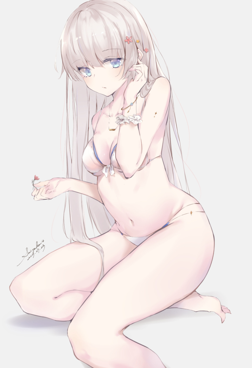 1girl alternate_costume anastasia_(fate/grand_order) artist_name bangs bare_legs bare_shoulders barefoot bikini blush bracelet closed_mouth collarbone dated eyebrows_visible_through_hair eyes_visible_through_hair fate/grand_order fate_(series) flower front-tie_top full_body hair_between_eyes hair_flower hair_ornament hand_up highres holding holding_flower jewelry long_hair looking_at_viewer necklace scrunchie simple_background sitting solo string_bikini swimsuit thighs very_long_hair watermark white_background white_bikini white_hair wrist_scrunchie