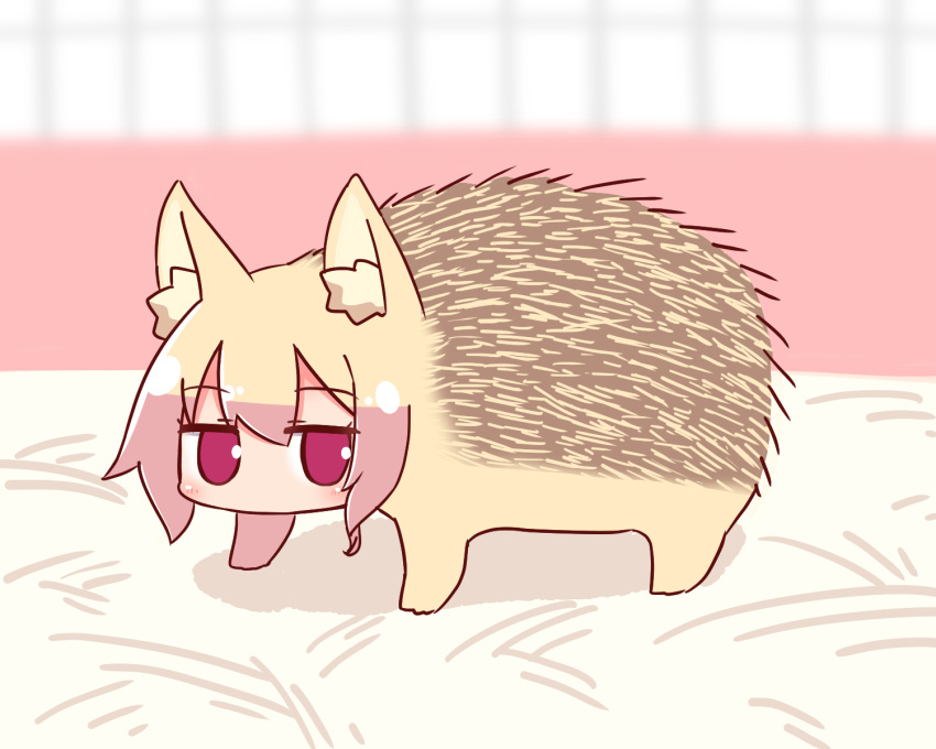 1girl animal_ear_fluff animal_ears animalization bangs blonde_hair blurry blurry_background blush depth_of_field eyebrows_visible_through_hair fox_ears full_body hair_between_eyes hedgehog highres kemomimi-chan_(naga_u) long_hair looking_at_viewer naga_u original red_eyes sidelocks solo window