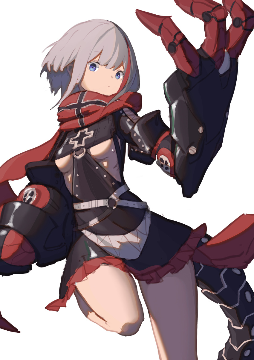 1girl absurdres admiral_graf_spee_(azur_lane) azur_lane bangs black_dress blunt_bangs breasts commentary_request cowboy_shot devil-dantake dress expressionless highres iron_cross mechanical_hands medium_breasts multicolored_hair red_scarf scarf sidelocks simple_background solo standing standing_on_one_leg streaked_hair under_boob white_background white_hair