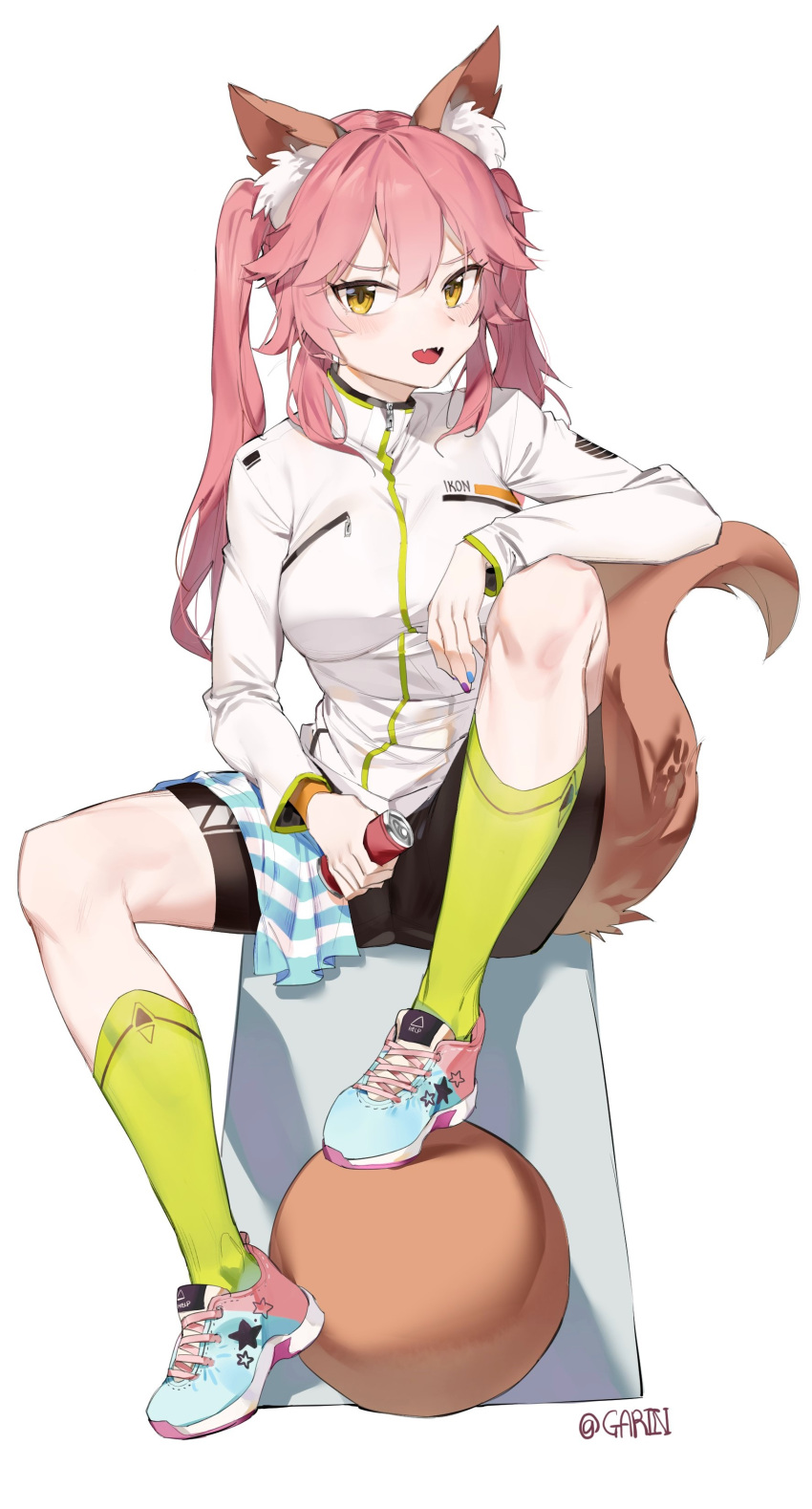 1girl absurdres animal_ear_fluff animal_ears ball bangs bike_shorts black_shorts blue_footwear blue_nails blush breasts brown_eyes can commentary_request eyebrows_visible_through_hair fangs fate/extra fate_(series) fingernails fox_ears fox_girl fox_tail full_body garin green_legwear hair_between_eyes highres holding holding_can long_hair long_sleeves looking_at_viewer medium_breasts multicolored multicolored_nails nail_polish open_mouth pink_hair purple_nails shoes short_shorts shorts sidelocks sitting socks solo tail tail_raised tamamo_(fate)_(all) tamamo_no_mae_(fate) towel twintails twitter_username very_long_hair white_background white_hair