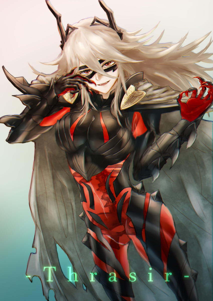 1girl bone breastplate character_name claws feh_xeri fire_emblem fire_emblem_heroes highres horned_mask long_hair mask ok_sign parted_lips red_eyes see-through simple_background skeleton solo thrasir_(fire_emblem) white_hair