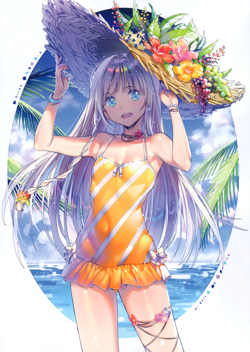 1girl :d absurdres bare_shoulders blue_eyes blush bracelet braid casual_one-piece_swimsuit choker covered_navel dsmile flat_chest flower hat highres jewelry long_hair looking_at_viewer one-piece_swimsuit open_mouth original scan side_braid silver_hair smile solo straw_hat swimsuit swimsuit_skirt yellow_swimsuit