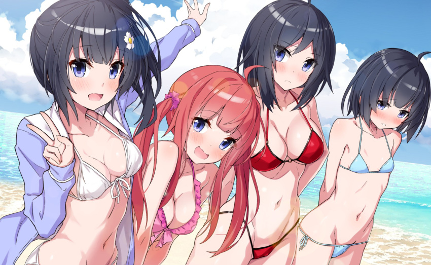 4girls :d ahoge arms_behind_back beach bikini black_hair blue_bikini blue_eyes blush breasts closed_mouth commentary_request cowboy_shot day dutch_angle eyebrows_visible_through_hair flat_chest flower front-tie_bikini front-tie_top hair_flower hair_ornament halterneck highres hood hooded_jacket hoodie horizon jacket large_breasts lens_flare looking_at_viewer lowleg lowleg_bikini medium_breasts multiple_girls navel o-ring o-ring_bikini o-ring_top open_clothes open_jacket open_mouth outdoors parted_lips phantasy_star phantasy_star_online_2 red_bikini redhead short_hair side-tie_bikini side_ponytail sidelocks smile string_bikini swimsuit takanashi_kei_(hitsujikan) twintails white_bikini