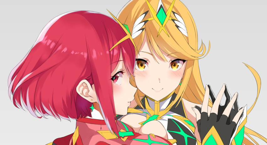 2girls armor bangs blonde_hair blush breasts cleavage_cutout earrings fingerless_gloves gem gloves headpiece highres mythra_(xenoblade) pyra_(xenoblade) jewelry large_breasts multiple_girls red_eyes red_shorts shorts shoulder_armor smile swept_bangs thigh_strap tiara xenoblade_(series) xenoblade_2 yellow_eyes yuuki_shin