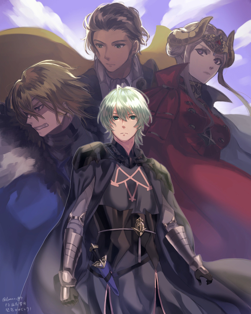 1girl 3boys absurdres armor black_cape black_gloves blonde_hair blue_cape brown_hair byleth byleth_(male) cape claude_von_regan_(fire_emblem) clenched_teeth closed_mouth clouds crown danno_gs dark_skin dark_skinned_male dimitri_alexandre_bladud_(fire_emblem) double_bun edelgard_von_hresvelgr_(fire_emblem) fire_emblem fire_emblem:_three_houses gloves green_hair hair_ornament headpiece highres horns knife multiple_boys older red_cape sheath short_hair sky teeth twitter_username yellow_cape