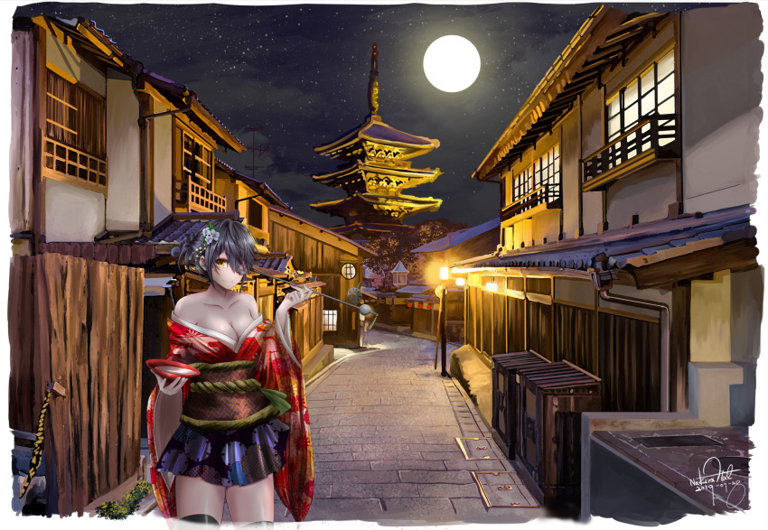 1girl alternate_costume architecture black_legwear breasts cityscape commentary_request east_asian_architecture eyepatch floral_print hair_ornament highres japanese_clothes kantai_collection kimono kyoto large_breasts moon nakura_haru night off-shoulder_kimono oiran outdoors pagoda purple_hair red_kimono road short_hair smile solo street tenryuu_(kantai_collection) thigh-highs wide_sleeves yellow_eyes