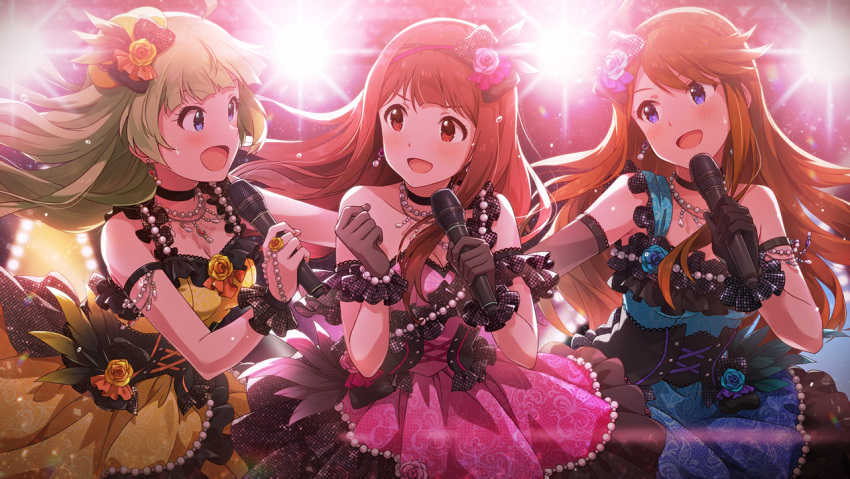 blush brown_hair dress group idolmaster_million_live!_theater_days long_hair red_eyes shimabara_elena smile tanaka_kotoha tokoro_megumi trio