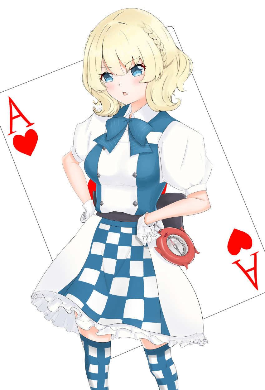 1girl absurdres blonde_hair blue_eyes card checkered checkered_skirt chestnut_mouth colorado_(kantai_collection) commentary_request compass cosplay cowboy_shot enemy_lifebuoy_(kantai_collection) highres himenagi_yuuki kantai_collection looking_at_viewer michishio_(kantai_collection) michishio_(kantai_collection)_(cosplay) oversized_object plaid plaid_legwear playing_card short_hair side_braids simple_background skirt solo standing thigh-highs two-tone_dress two-tone_legwear white_background