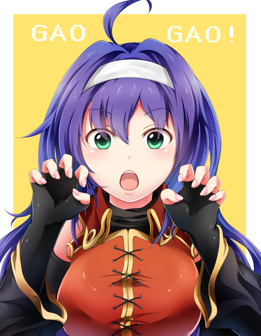 1girl ahoge black_gloves blue_hair erector_58 fingerless_gloves fire_emblem fire_emblem:_akatsuki_no_megami fire_emblem:_path_of_radiance fire_emblem:_radiant_dawn fire_emblem:_souen_no_kiseki gloves green_eyes hairband highres intelligent_systems long_hair mia_(fire_emblem) nintendo open_mouth simple_background solo upper_body wayu_(fire_emblem) white_hairband yellow_background