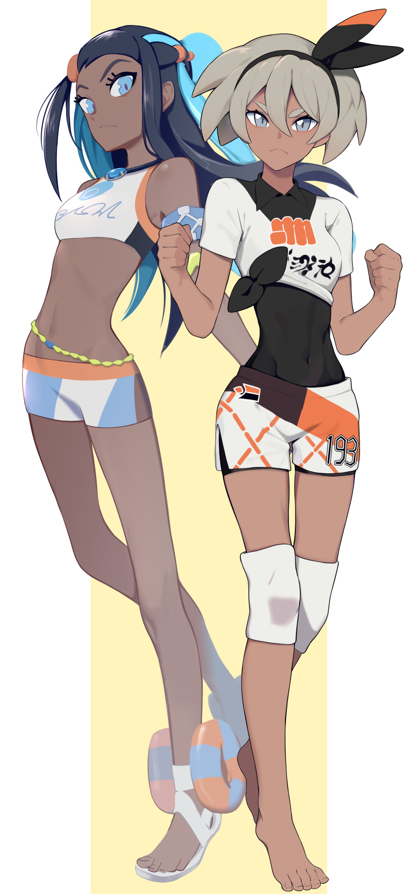 2girls absurdres aqua_hair armband barefoot black_hair blue_eyes bodysuit_under_clothes breasts clenched_hands covered_navel crop_top dark_skin floating_hair full_body grey_eyes hair_between_eyes hair_bobbles hair_ornament hairband highres jewelry knee_pads looking_at_viewer midriff multicolored_hair multiple_girls navel pendant pokemon pokemon_(game) pokemon_swsh pokemon_trainer rurina_(pokemon) saitou_(pokemon) sandals shirt short_hair short_shorts short_sleeves shorts side_slit silver_hair simple_background small_breasts sports_bra st_(youx1119) standing straight_hair thick_eyebrows thighs tied_shirt two-tone_background two-tone_hair white_background yellow_background