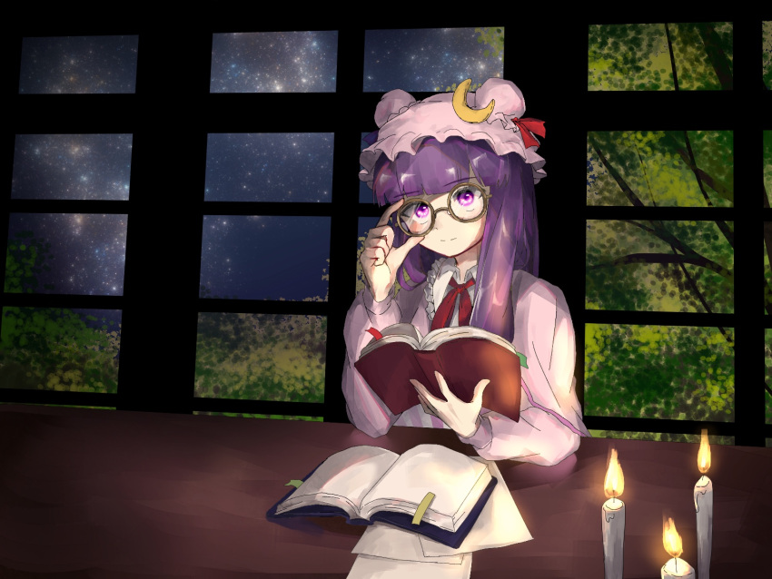 1girl adjusting_eyewear bangs blunt_bangs book candle commentary_request crescent crescent_hair_ornament double_bun dress eyebrows_visible_through_hair glasses hair_ornament hat head_tilt highres holding holding_book indoors light_smile long_hair looking_at_viewer mob_cap neck_ribbon night night_sky open_book patchouli_knowledge pink_robe purple_hair red_neckwear ribbon round_eyewear sidelocks sitting sketch sky solo star_(sky) starry_sky striped table tayutai_(user_xruy3332) touhou tree_branch vertical-striped_dress vertical_stripes violet_eyes window