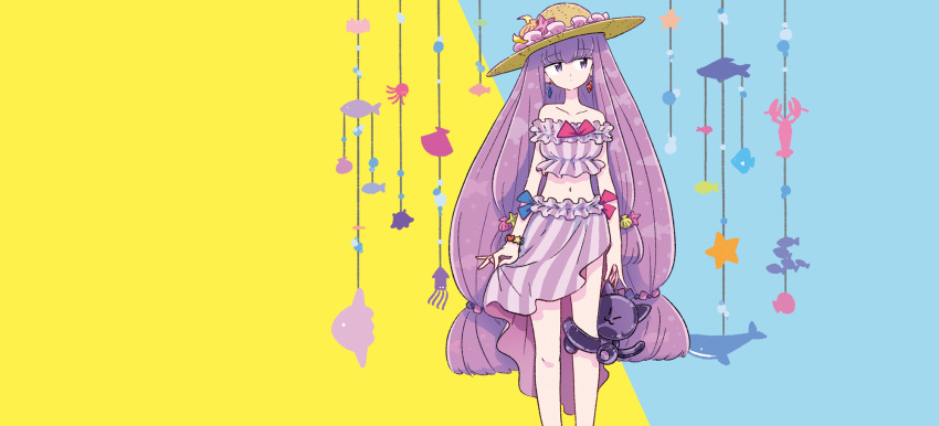 1girl adapted_costume alternate_headwear bangs bare_legs bare_shoulders blue_background blue_ribbon breasts collarbone crescent crescent_hair_ornament crop_top earrings eyebrows_visible_through_hair feet_out_of_frame frills hair_ornament hat highres iwakurakomaki jewelry large_breasts long_hair looking_at_viewer low-tied_long_hair midriff navel off-shoulder_shirt off_shoulder patchouli_knowledge purple_hair purple_shirt purple_skirt red_ribbon ribbon seashell seashell_hair_ornament shell shirt skirt skirt_set solo standing star star_hair_ornament stomach striped striped_shirt sun_hat touhou two-tone_background vertical-striped_shirt vertical-striped_skirt vertical_stripes very_long_hair violet_eyes yellow_background