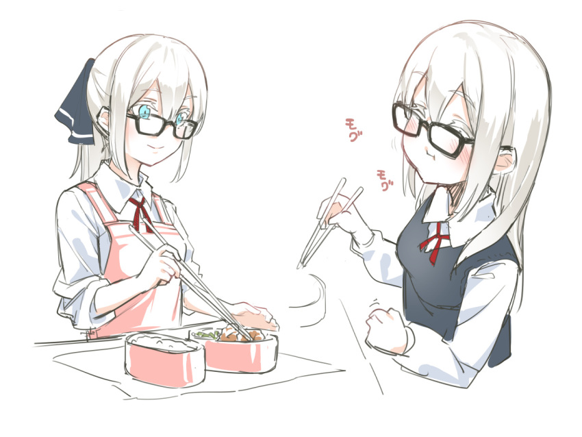 1girl apron asutora blonde_hair blue_eyes chopsticks closed_eyes eating eyebrows_visible_through_hair glasses holding holding_chopsticks obentou original ponytail school_uniform translated white_background