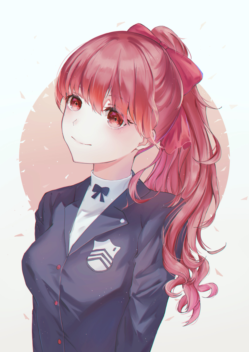 136364 1girl absurdres atlus bangs black_jacket bow closed_mouth cute hair_bow highres jacket long_hair long_sleeves megami_tensei moe persona persona_5 persona_5_the_royal ponytail red_bow red_eyes redhead school_uniform simple_background smile solo turtleneck upper_body white_background yoshizawa_kasumi