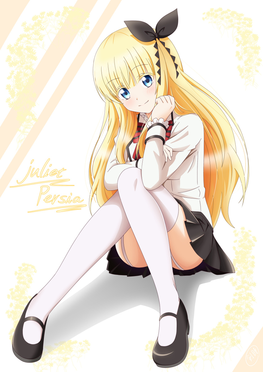 1girl absurdres black_bow black_footwear black_skirt blazer blonde_hair blue_eyes blush bow character_name closed_mouth eyebrows_visible_through_hair freekenji422 full_body garter_straps hair_bow head_tilt highres jacket juliet_persia kishuku_gakkou_no_juliet long_hair long_sleeves looking_at_viewer mary_janes miniskirt pleated_skirt red_bow school_uniform shoes sitting skirt smile solo striped striped_bow thigh-highs very_long_hair white_background white_jacket white_legwear zettai_ryouiki