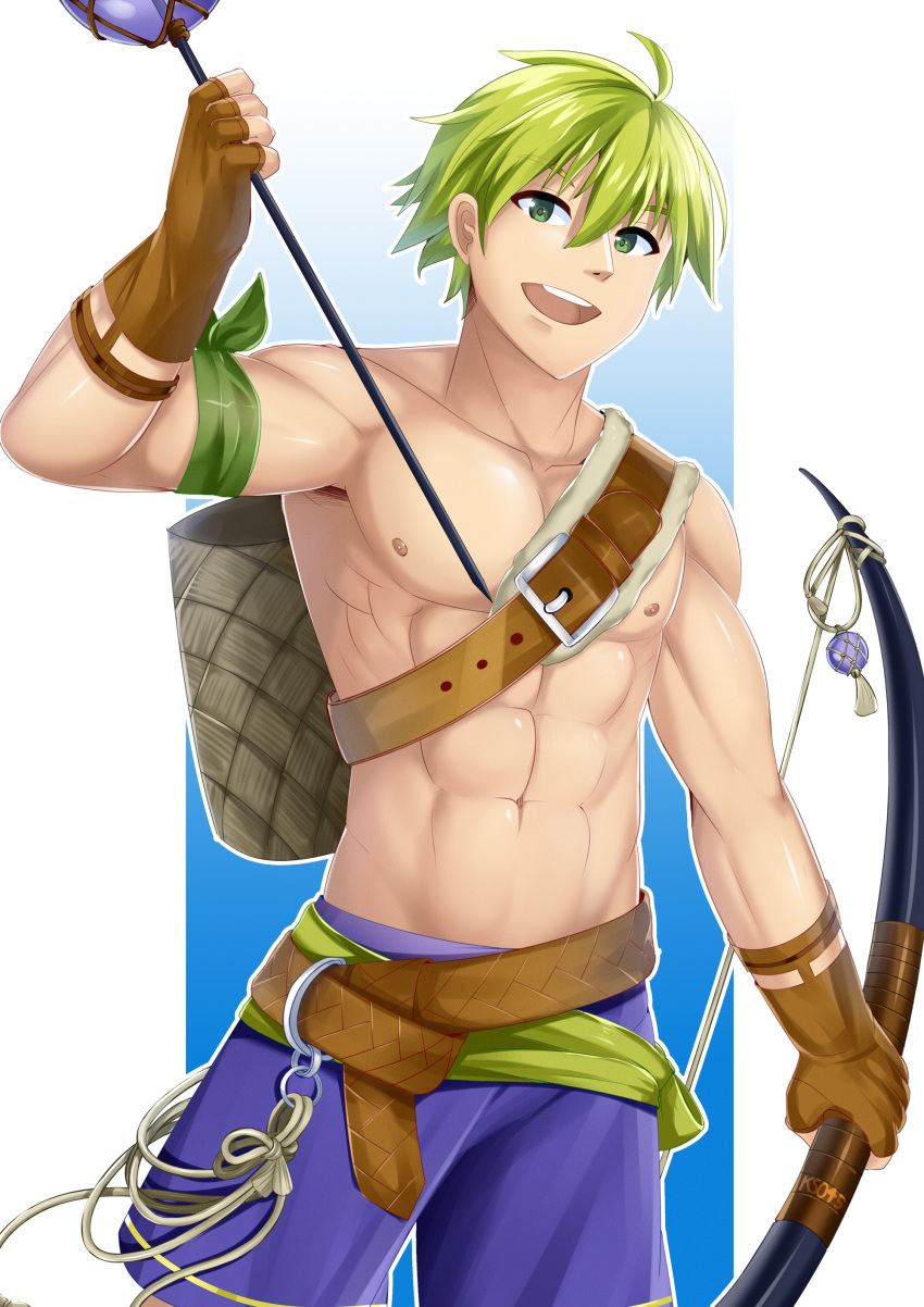 1boy abs absurdres arrow bara bow_(weapon) fire_emblem fire_emblem:_fuuin_no_tsurugi fire_emblem_heroes gloves green_eyes green_hair highres intelligent_systems katou_shinobu male_focus muscle nintendo nipples open_mouth smile summer super_smash_bros. swim_trunks weapon wolt