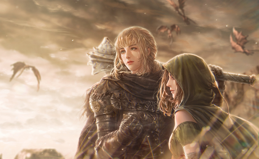 2girls armor artist_name bearer_of_the_curse black_cape brown_sky cape clenched_hand dark_souls_ii emerald_herald gauntlets green_cape holding holding_weapon hood jdori long_hair mace multiple_girls outdoors over_shoulder souls_(from_software) standing upper_body weapon