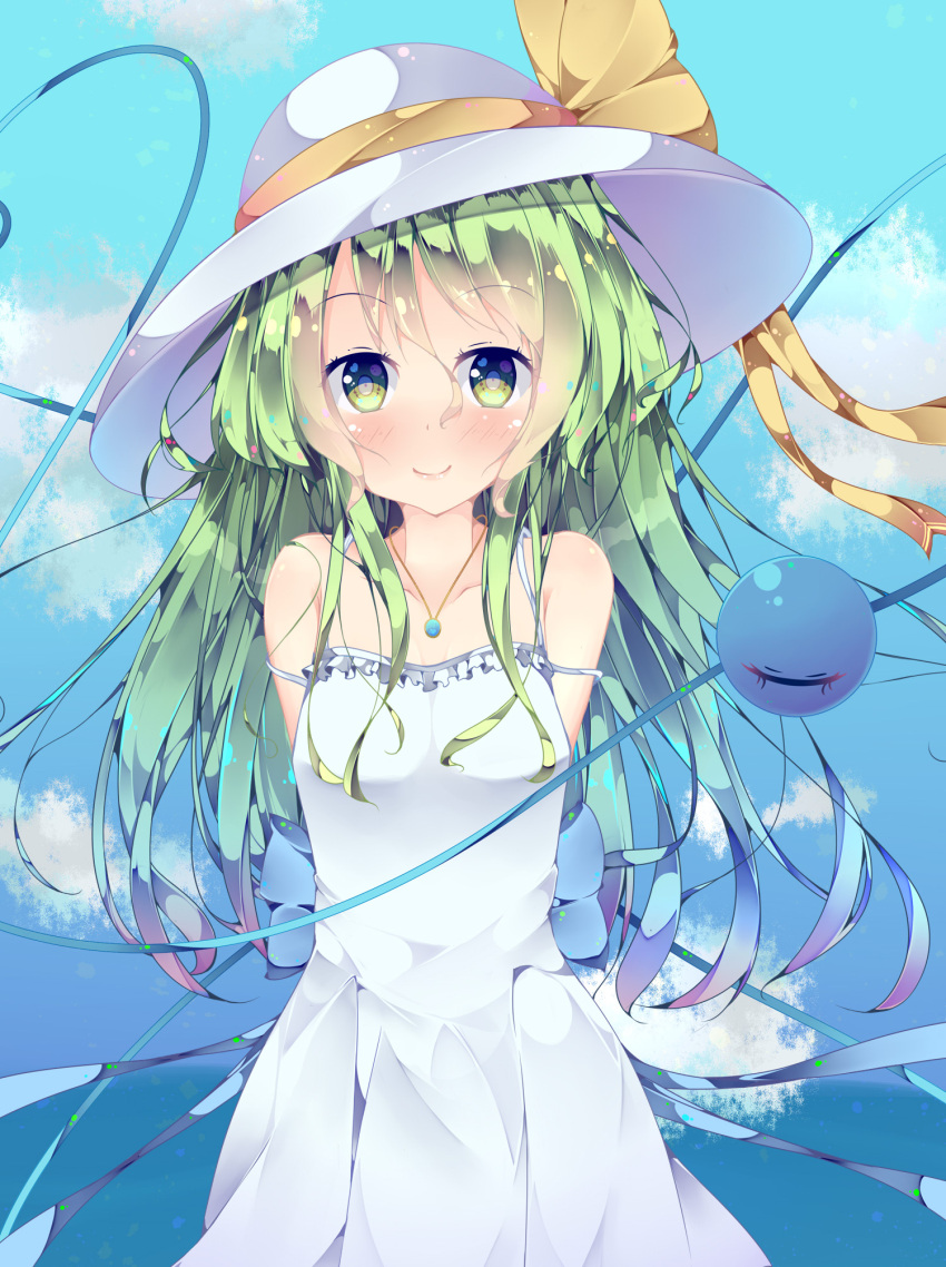 1girl alternate_costume alternate_headwear arms_behind_back bare_shoulders blue_sky blush breasts clouds collarbone commentary_request cowboy_shot day dress eyebrows_visible_through_hair fant green_eyes green_hair hat hat_ribbon heart heart_of_string highres jewelry komeiji_koishi long_hair looking_at_viewer messy_hair necklace outdoors pendant ribbon sky sleeveless sleeveless_dress small_breasts smile solo standing sundress third_eye touhou very_long_hair white_dress