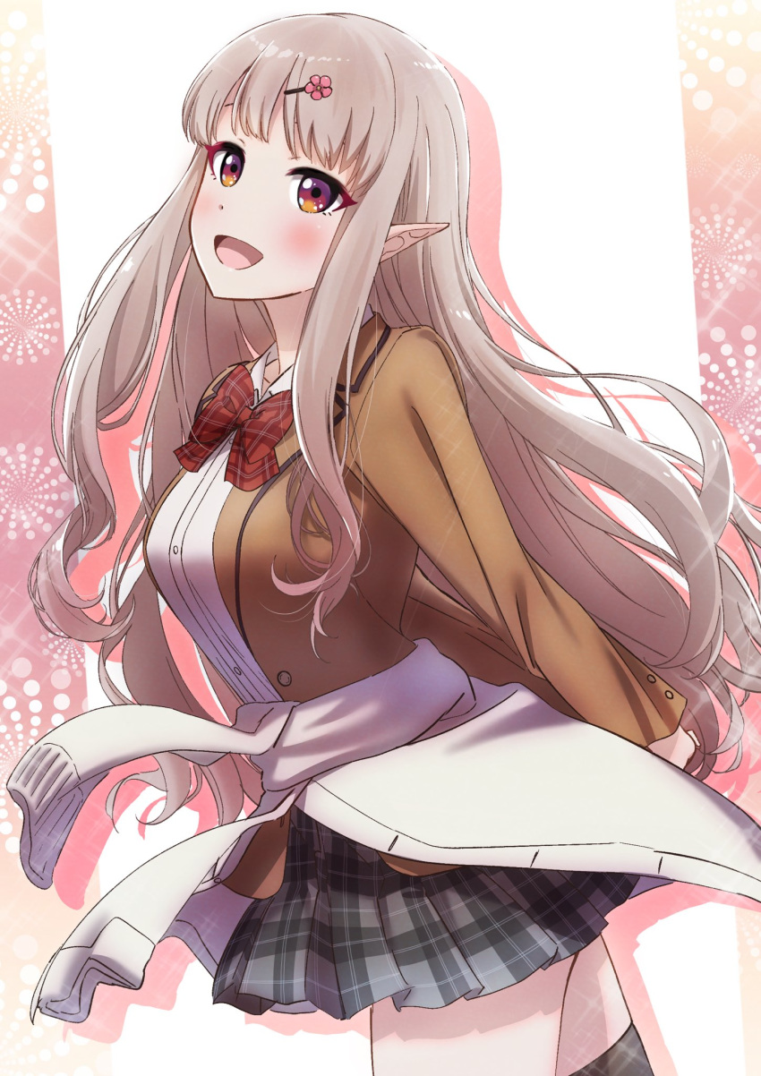 1girl :d blazer blush bow bowtie brown_jacket clothes_around_waist collared_shirt cowboy_shot dress_shirt elu_(nijisanji) floating_hair flower grey_skirt hair_flower hair_ornament hairclip highres jacket long_hair long_sleeves looking_up miniskirt nijisanji open_blazer open_clothes open_jacket open_mouth pink_x plaid plaid_neckwear plaid_skirt pleated_skirt pointy_ears red_bow red_eyes red_neckwear school_uniform shiny shiny_hair shirt silver_hair skirt smile solo sweater_around_waist thigh-highs very_long_hair walking white_shirt wing_collar zettai_ryouiki