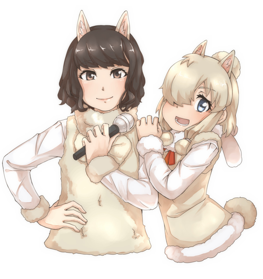 2girls :d alpaca_ears alpaca_suri_(kemono_friends) alpaca_suri_(kemono_friends)_(cosplay) alpaca_tail animal_ears bangs blonde_hair blue_eyes bow bowtie brown_eyes brown_hair closed_mouth commentary_request cosplay extra_ears eyebrows_visible_through_hair fujii_yukiyo fur-trimmed_sleeves fur_collar fur_scarf fur_trim hair_bun hair_over_one_eye hand_on_another's_shoulder hand_on_hip hand_up highres holding holding_microphone horizontal_pupils kemono_friends kemonomimi_mode lips long_sleeves looking_at_viewer medium_hair microphone multiple_girls neck_ribbon open_mouth real_life ribbon scarf seiyuu shirt short_hair sidelocks simple_background smile sweater_vest tail thin_(suzuneya) upper_body white_background white_shirt