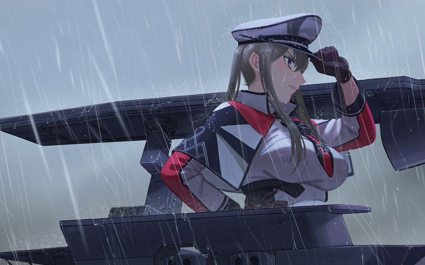 1girl adjusting_clothes adjusting_hat black_gloves blonde_hair breasts capelet celtic_knot from_side gloves graf_zeppelin_(kantai_collection) grey_eyes hair_between_eyes hat highres iron_cross kantai_collection large_breasts long_sleeves military military_uniform necktie peaked_cap profile rain red_neckwear rigging sidelocks solo twintails uniform upper_body white_headwear yue_(tada_no_saboten)