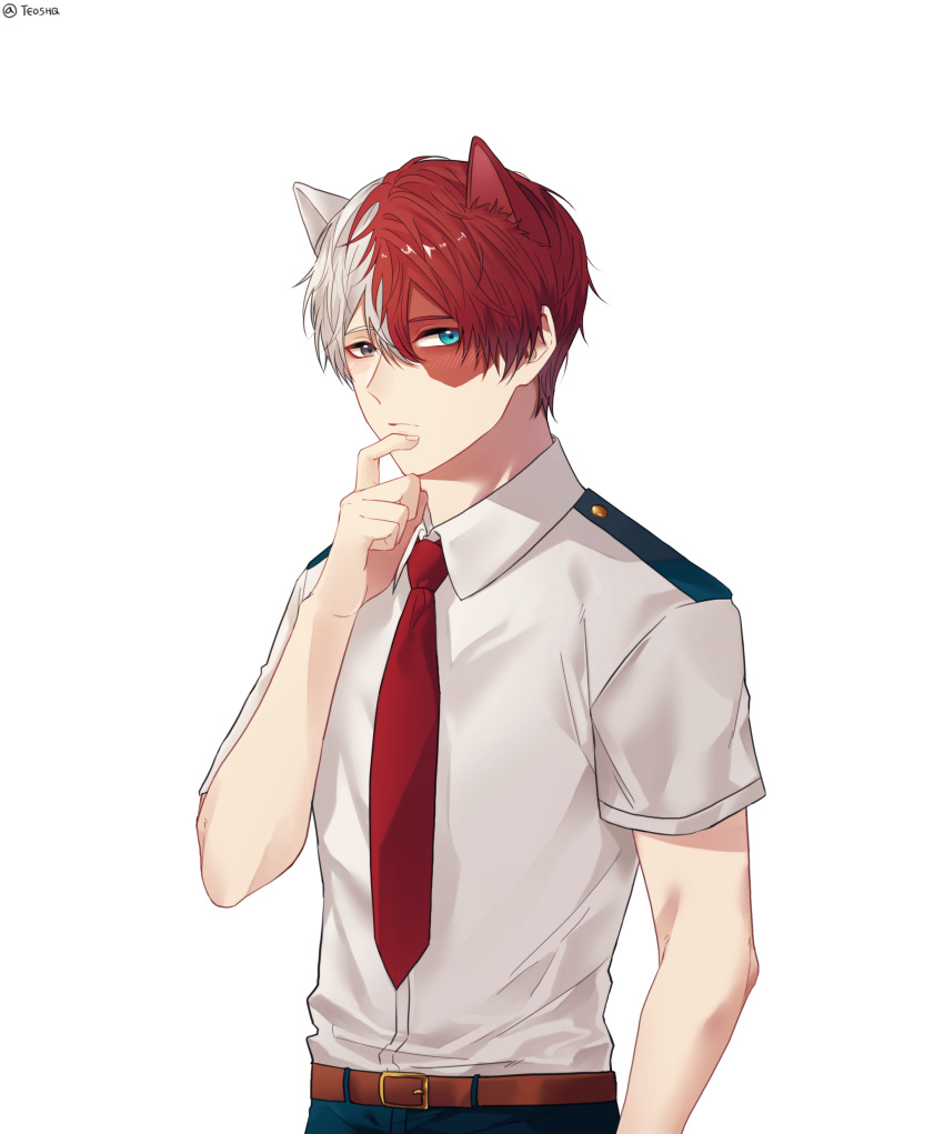 1boy absurdres animal_ears belt blush boku_no_hero_academia brown_belt burn_scar cat_ears commentary_request hair_between_eyes highres looking_at_viewer multicolored_hair necktie red_neckwear redhead scar school_uniform shirt short_hair short_sleeves simple_background solo teoshq todoroki_shouto two-tone_hair white_background white_hair white_shirt