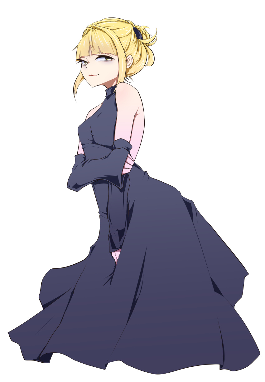 1girl absurdres alternate_costume alternate_hairstyle blonde_hair boku_no_hero_academia detached_sleeves dress gown highres jipponwazaari looking_at_viewer no_legs short_hair simple_background sleeves_past_wrists solo tagme toga_himiko yellow_eyes