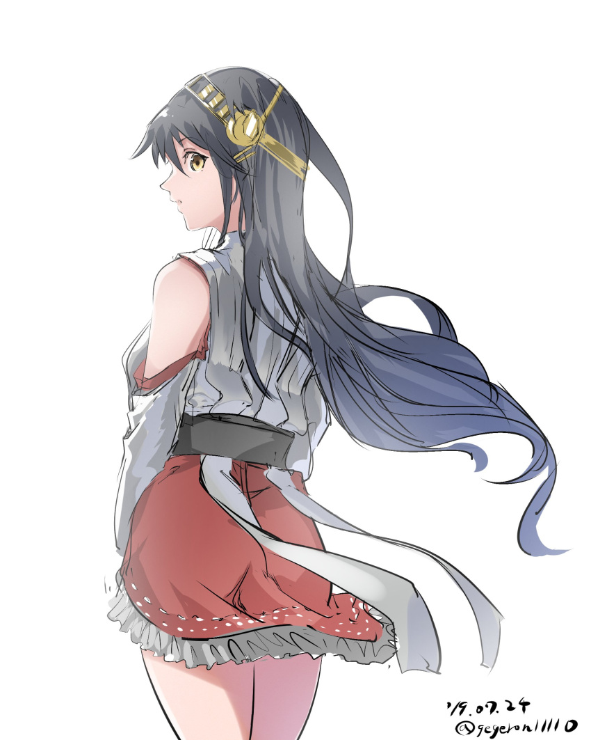 1girl absurdres bare_shoulders black_hair commentary_request cowboy_shot dated detached_sleeves from_behind gegeron hair_ornament hairclip haruna_(kantai_collection) headgear highres kantai_collection long_hair looking_at_viewer nontraditional_miko red_skirt simple_background skirt solo twitter_username white_background