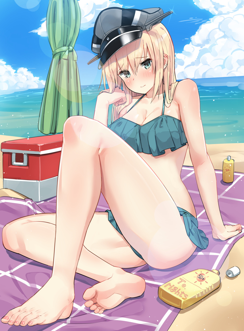 1girl aqua_eyes barefoot beach bikini bikini_skirt bismarck_(kantai_collection) blonde_hair blush breasts closed_mouth clouds cloudy_sky collarbone commentary_request commission cosplay eyebrows_visible_through_hair feet green_bikini hair_between_eyes hat highres kantai_collection kasumi_(kantai_collection) kasumi_(kantai_collection)_(cosplay) long_hair looking_at_viewer lotion_bottle ocean peaked_cap sitting sky soles solo soushou_nin swimsuit toenails toes
