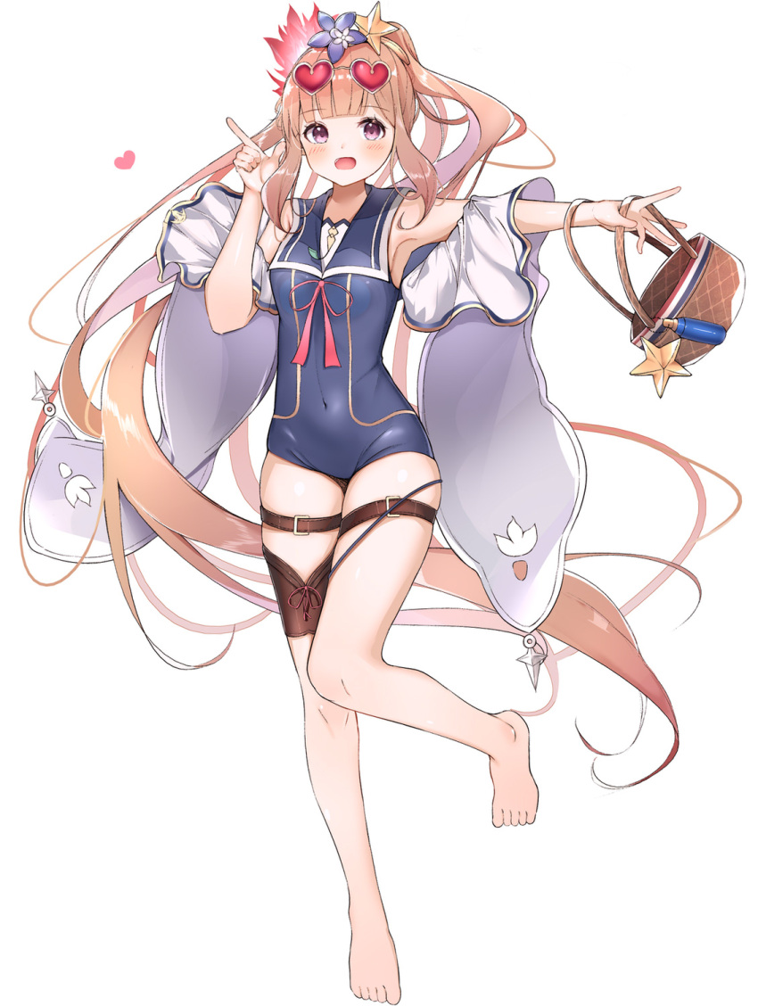 1girl :d bangs bare_shoulders basket blue_flower blue_swimsuit blunt_bangs blush breasts brown_hair character_request commentary_request covered_navel eyebrows_visible_through_hair eyewear_on_head flower full_body granblue_fantasy hair_flower hair_ornament hand_up heart heart-shaped_eyewear highres index_finger_raised long_hair one-piece_swimsuit open_mouth outstretched_arm ponytail red_eyes sashima sidelocks simple_background small_breasts smile solo standing standing_on_one_leg star star_hair_ornament swimsuit very_long_hair white_background