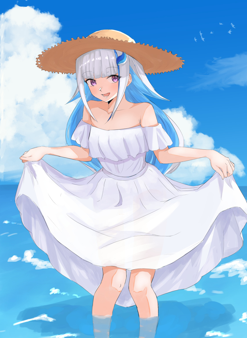 absurdres bare_shoulders blue_hair blue_sky clouds collarbone commentary_request day dress dress_lift hat highres horizon leaning_forward lifted_by_self lize_helesta lower_teeth multicolored_hair mushrooming_man nijisanji open_mouth outdoors shadow shiny shiny_hair silver_hair sky smile standing strapless strapless_dress straw_hat streaked_hair summer sundress two-sided_hair violet_eyes virtual_youtuber wading water