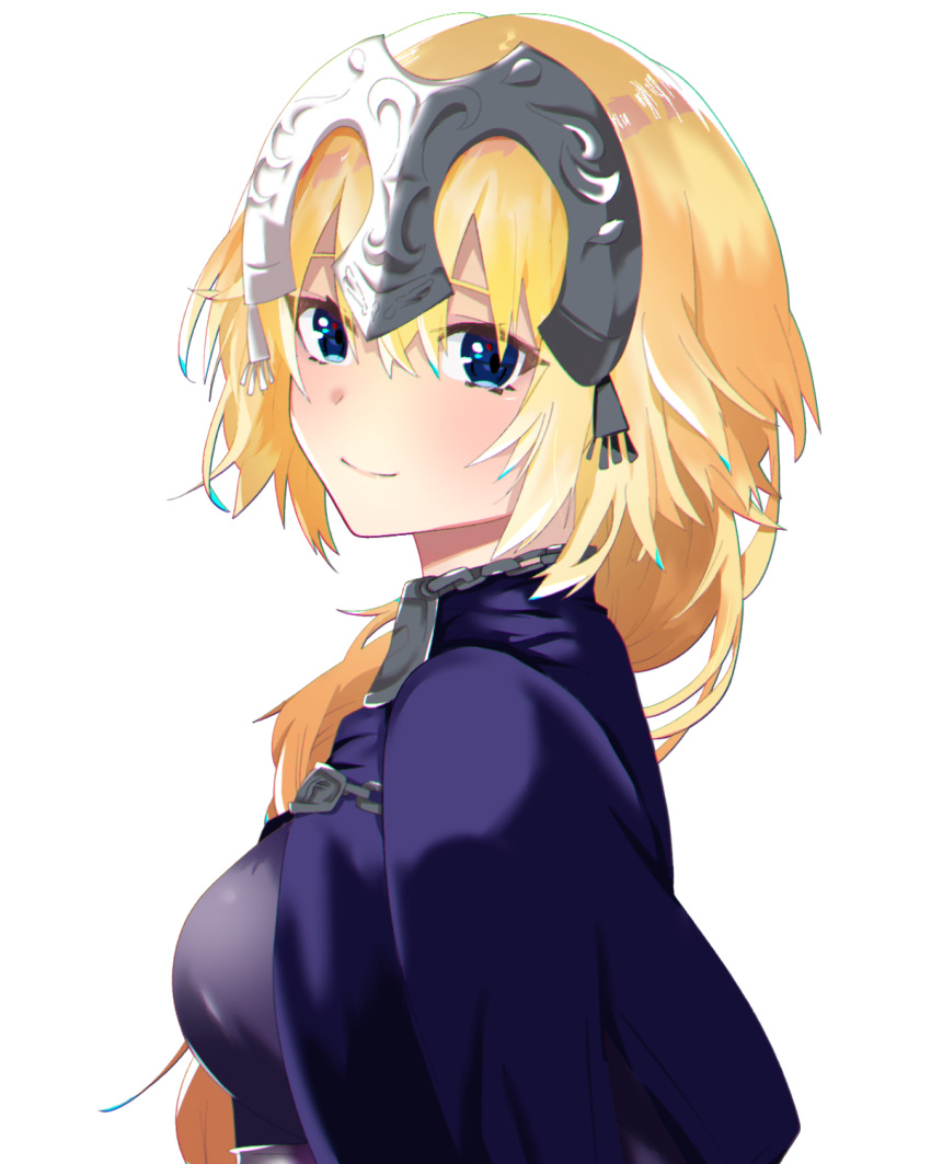 1girl blonde_hair blue_eyes chain closed_mouth fate/apocrypha fate_(series) from_side hair_between_eyes hair_over_shoulder headpiece highres jeanne_d'arc_(fate) jeanne_d'arc_(fate)_(all) long_hair looking_at_viewer nanase_151018 simple_background smile solo upper_body very_long_hair white_background