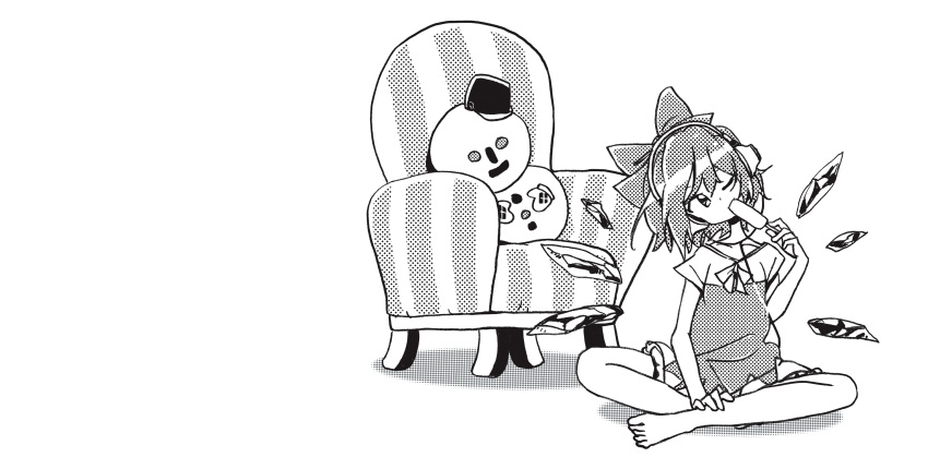 1girl absurdres armchair bangs bare_legs barefoot bow bucket_hat cable chair cirno dress food greyscale hair_between_eyes hair_bow halftone hand_up hat head_tilt headphones highres holding holding_food ice ice_wings indian_style iwakurakomaki monochrome one_eye_closed popsicle ribbon shadow short_dress short_hair short_sleeves simple_background sitting snowman solo stuffed_toy touhou white_background wings