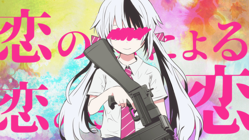 alternate_hair_color black_hair commentary crossed_out finger_on_trigger gun hatsune_miku highres holding holding_gun holding_weapon long_hair multicolored_hair necktie official_art pinocchio-p scribble short_sleeves song_name streaked_hair striped striped_neckwear sweater twintails upper_body very_long_hair vocaloid weapon white_hair