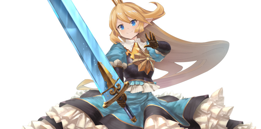 1girl absurdres armor blonde_hair blue_eyes blush charlotta_fenia closed_mouth commentary_request crown dress eyebrows_visible_through_hair gauntlets granblue_fantasy hair_between_eyes harvin head_tilt highres holding holding_sword holding_weapon letterboxed long_hair looking_at_viewer o_(rakkasei) pointy_ears simple_background smile solo sword v-shaped_eyebrows very_long_hair waving weapon white_background