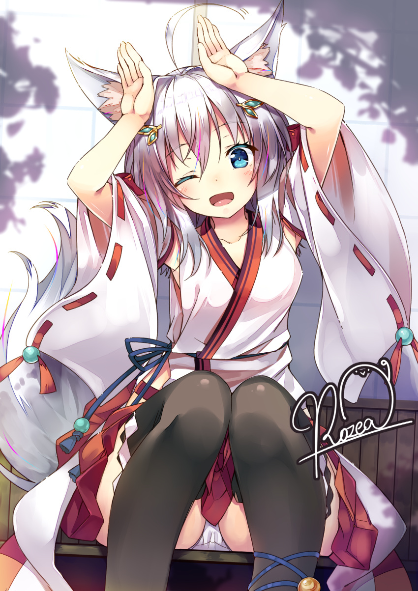1girl animal_ears black_legwear blue_eyes blush breasts detached_sleeves fox_ears fox_tail hakama hands_up highres japanese_clothes looking_at_viewer medium_breasts miko nontraditional_miko one_eye_closed outdoors panties shiro_(tenkiame) shrine silver_hair tail tenkiame thigh-highs underwear upskirt wide_sleeves