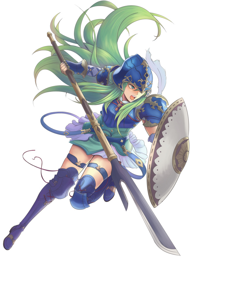 1girl armored_boots blue_footwear boots fire_emblem fire_emblem:_path_of_radiance floating_hair full_body gauntlets green_eyes green_hair helmet highres holding holding_shield holding_spear holding_weapon long_hair miniskirt nephenee open_mouth polearm shield shoulder_armor skirt solo spaulders spear thigh-highs thigh_boots thigh_strap transparent_background very_long_hair weapon white_skirt will_(willanator93) zettai_ryouiki