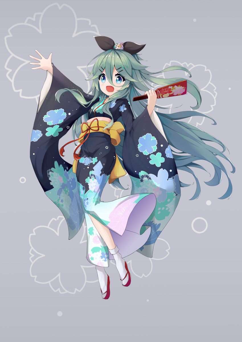 1girl :d absurdres blue_eyes collarbone commentary_request floral_background flower green_hair grey_background hagoita hair_flower hair_ornament hair_ribbon highres holding japanese_clothes kantai_collection kimono long_hair looking_at_viewer obi open_mouth paddle pixiv332210012 ribbon sash simple_background smile socks solo white_legwear yamakaze_(kantai_collection) zouri