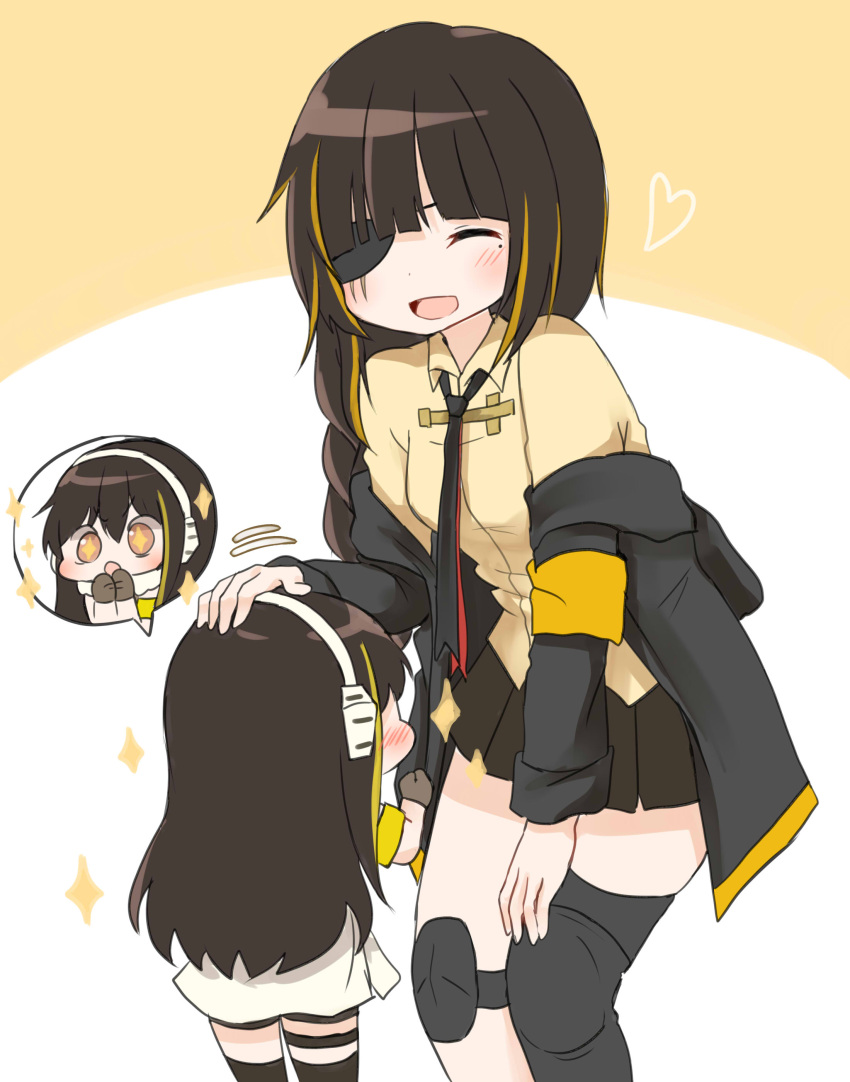 2girls ^_^ absurdres black_hair black_nails blush chibi closed_eyes clothes_around_waist commentary_request eyepatch girls_frontline green_hair hand_on_another's_head highres honyang korean_commentary long_hair long_sleeves m16a1_(girls_frontline) m4a1_(girls_frontline) multicolored_hair multiple_girls open_mouth petting scar scar_across_eye single_thighhigh smile thigh-highs
