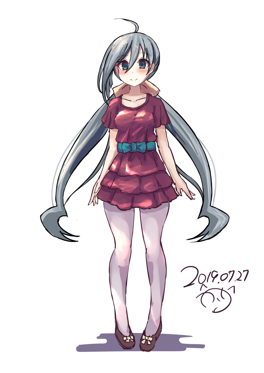 1girl absurdres adapted_costume ahoge collarbone dated dress full_body grey_eyes grey_hair grey_legwear hair_between_eyes hair_bun highres kantai_collection kiyoshimo_(kantai_collection) long_hair looking_at_viewer low_twintails pantyhose purple_dress signature simple_background solo standing tsutsusaku_poyoyo twintails white_background