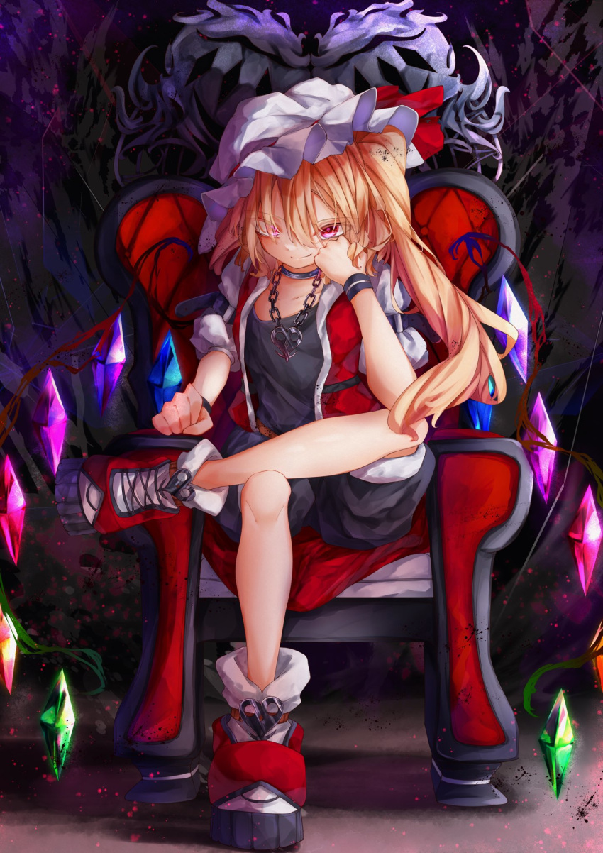1girl alternate_costume bangs black_shirt black_shorts blush boots bow calpis118 chair closed_mouth commentary_request crystal dark_background darkness eyebrows_visible_through_hair flandre_scarlet hair_between_eyes hand_on_own_cheek hand_on_own_face hat hat_bow highres jacket jewelry leg_support light_particles looking_at_viewer mob_cap necklace on_chair one_side_up red_bow red_eyes red_footwear red_jacket shirt short_hair shorts sitting smile solo touhou white_headwear wings