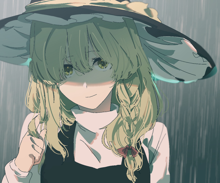 1girl bangs black_dress blonde_hair bow braid closed_mouth dress eyebrows_visible_through_hair hair_between_eyes hair_bow hair_twirling hand_up hat hat_bow irohasu_(sasagarasu) kirisame_marisa long_bangs long_sleeves looking_at_viewer medium_hair parted_bangs rain red_bow shirt sidelocks single_braid solo touhou turtleneck upper_body white_bow white_shirt witch_hat yellow_eyes