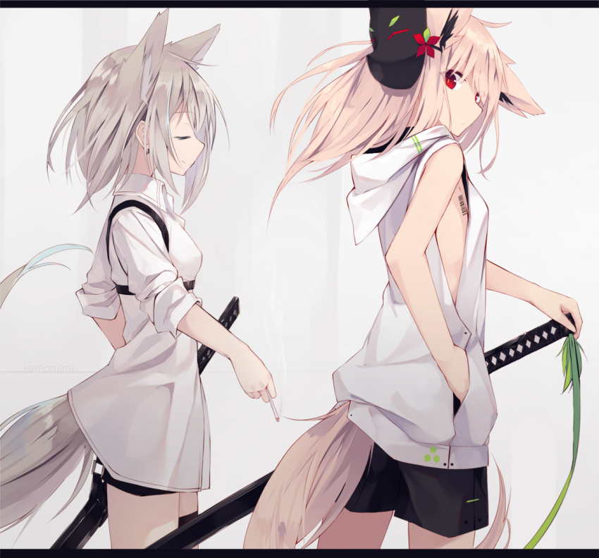 2girls animal_ears bare_arms bare_shoulders black_shorts breasts collared_dress commentary_request cowboy_shot dress fox_ears fox_girl fox_tail grey_hair hand_on_hilt hood hood_down hooded_jacket jacket katana letterboxed light_brown_hair long_hair multiple_girls nagishiro_mito original short_shorts shorts shorts_under_dress sleeveless sleeveless_jacket small_breasts sword tail very_long_hair weapon white_dress