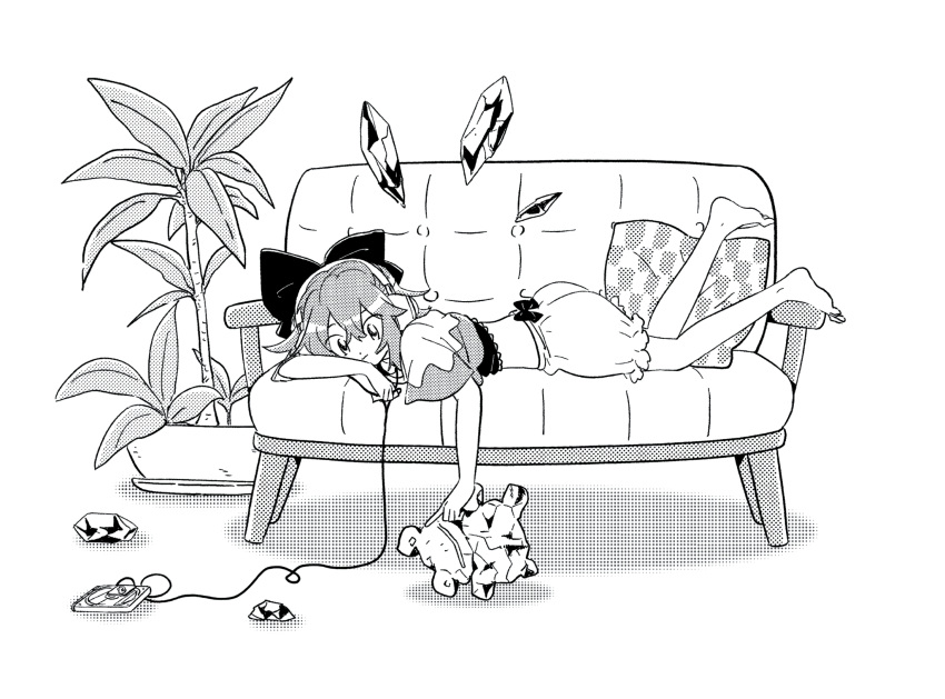 1girl ass bangs barefoot bloomers bow cable checkered cirno couch crop_top full_body greyscale hair_between_eyes hair_bow halftone headphones highres ice ice_wings iwakurakomaki looking_at_viewer lying midriff monochrome no_pants on_stomach pillow plant shadow shirt short_hair short_sleeves sidelocks simple_background solo touhou underwear white_background wings