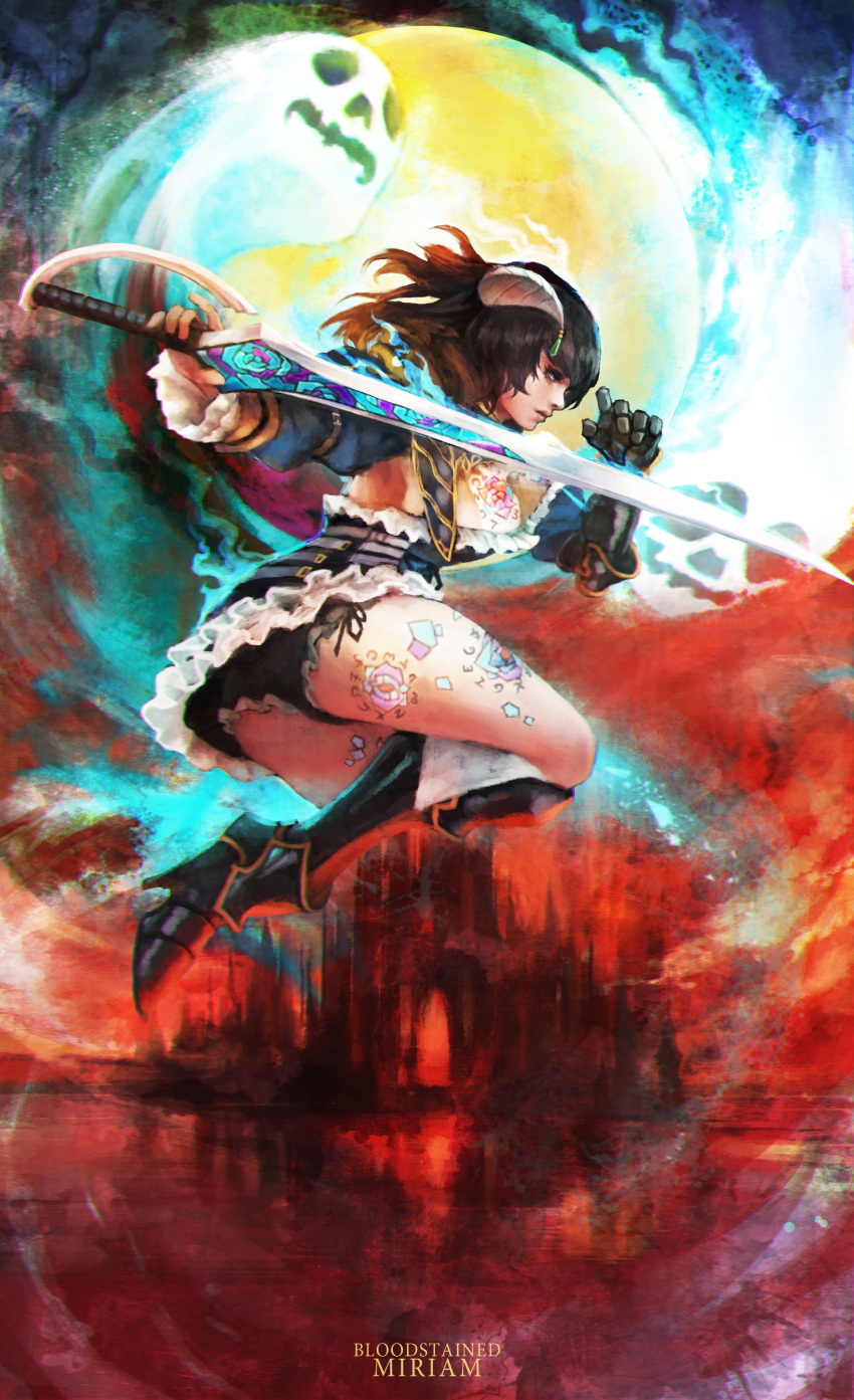1girl absurdres black_hair black_panties bloodstained:_ritual_of_the_night blue_eyes boots breast_tattoo breasts commentary english_commentary full_body gauntlets gradient_hair greaves highres horns jumping knee_boots leg_tattoo medium_breasts miriam_(bloodstained) monori_rogue multicolored_hair pale_skin panties short_hair side-tie_panties single_gauntlet solo sword tattoo underwear weapon