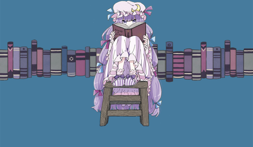 1girl bangs blue_background blue_ribbon book bow chair crescent crescent_hair_ornament dress hair_ornament hat hat_ribbon holding holding_book iwakurakomaki knees_up long_hair looking_at_viewer mob_cap multi-tied_hair patchouli_knowledge purple_bow purple_dress purple_footwear purple_hair purple_headwear purple_legwear purple_ribbon ribbon simple_background sitting slippers socks solo striped touhou vertical-striped_dress vertical_stripes very_long_hair violet_eyes