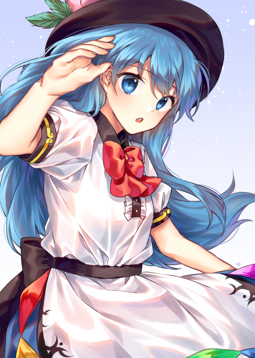 1girl alternate_eye_color arm_up bangs black_headwear black_sash blouse blue_background blue_eyes blue_hair blue_skirt blush bow bowtie center_frills cheunes commentary cowboy_shot eyebrows_visible_through_hair food fruit gradient gradient_background head_tilt highres hinanawi_tenshi leaf long_hair looking_at_viewer open_mouth peach puffy_short_sleeves puffy_sleeves red_bow red_neckwear sash short_sleeves skirt solo touhou white_background white_blouse