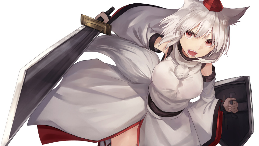 1girl animal_ear_fluff animal_ears bangs bare_shoulders breasts commentary_request detached_sleeves eyebrows_visible_through_hair fangs hat highres holding holding_shield holding_sword holding_weapon inubashiri_momiji large_breasts long_sleeves looking_at_viewer open_mouth pom_pom_(clothes) red_eyes sandals shield shirt short_hair side_slit silver_hair simple_background skirt skirt_set socks solo sword tail thkani tokin_hat touhou weapon white_background white_legwear white_shirt white_skirt wide_sleeves wolf_ears wolf_tail