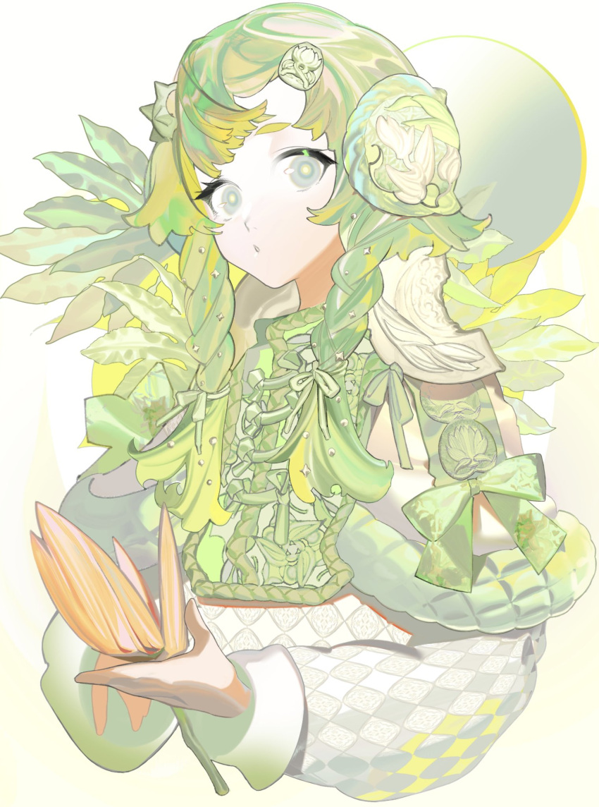 1girl flower green_eyes green_hair hair_between_eyes hair_ornament highres holding holding_flower ka9_qq leaf leaf_on_head light_green_hair long_hair looking_at_viewer makeup open_mouth original pale_skin simple_background solo upper_body white_background