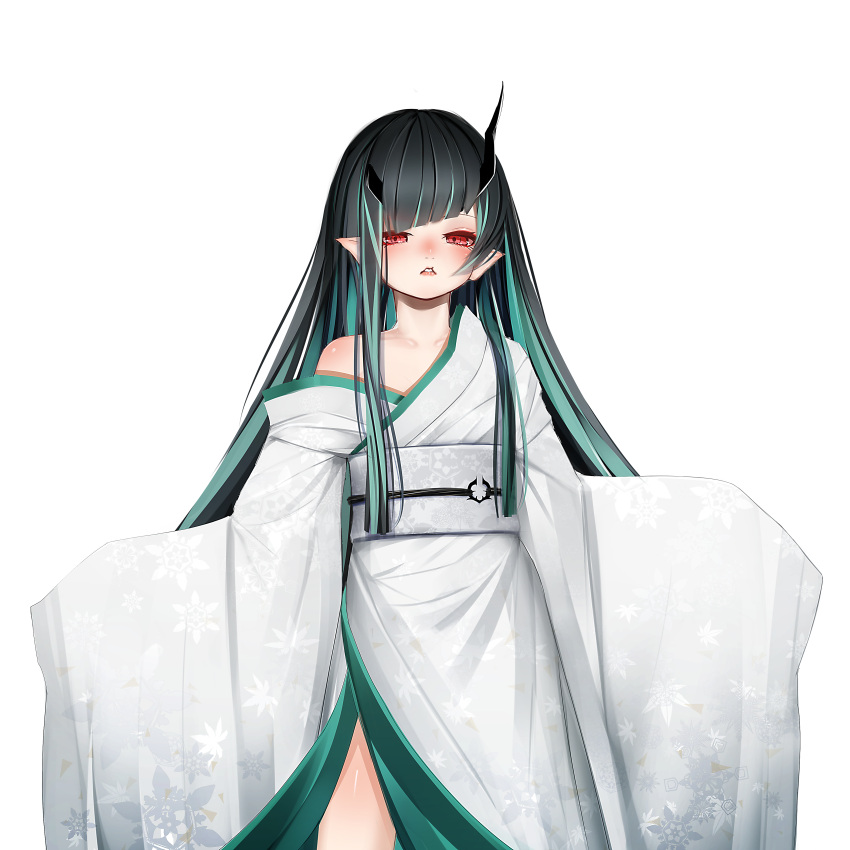 1girl absurdres alternate_costume bangs black_hair blue_hair blush commentary_request demon_girl demon_horns doryudory feet_out_of_frame flat_chest floral_print highres horns japanese_clothes kimono long_sleeves looking_at_viewer multicolored_hair obi off_shoulder open_mouth pointy_ears red_eyes sash shishio_chris simple_background sleeves_past_fingers sleeves_past_wrists solo sugar_lyric transparent_background two-tone_hair virtual_youtuber white_kimono white_sash wide_sleeves